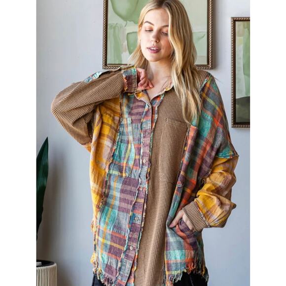 NEW Oli and Hali Distressed Multi Media Washed Shirt XL Linen Blend Urbancore - Picture 1 of 14